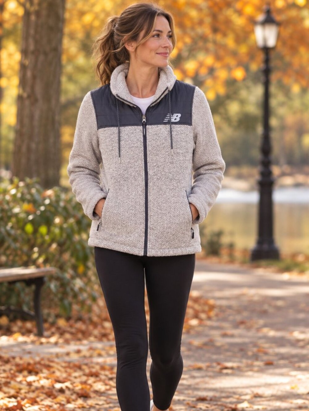 New Balance Women's Jacket S Full Zip Gray White Herringbone Fleece Knit